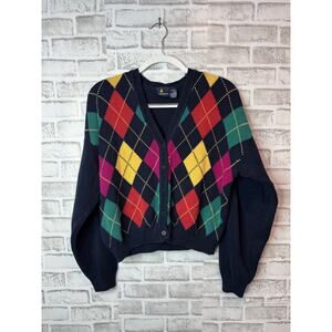 Vintage 90s Lizsport Argyle Cardigan Navy Cotton Grandpa Core Oversized L